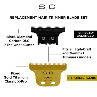 Replacement Fixed Gold Titanium X-Pro Classic Hair Trimmer Blade with Black Diamond Carbon DLC The O