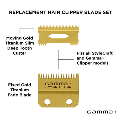Replacement Fixed Gold Titanium Fade Hair Clipper Blade with Moving Gold Titanium Slim Tooth Cutter