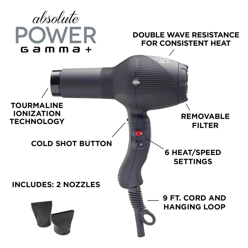 Absolute Power Professional Tourmaline Ionic 3-Heat/Speed Hair Dryer - Black