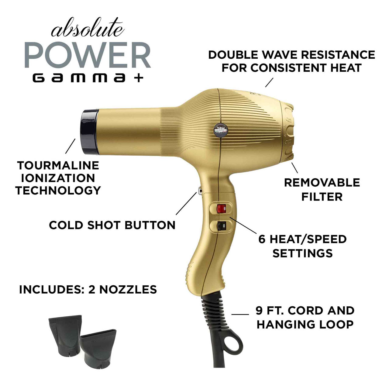 Absolute Power Professional Tourmaline Ionic 3-Heat/Speed Hair Dryer - Gold