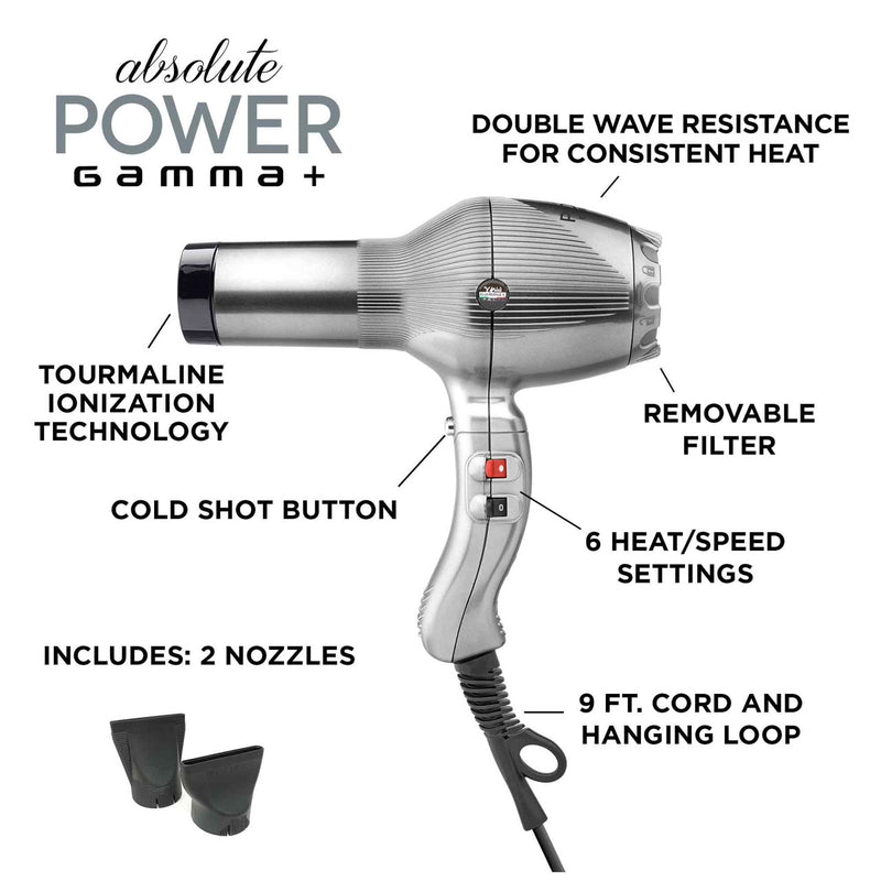 Absolute Power Professional Tourmaline Ionic 3-Heat/Speed Hair Dryer - Silver