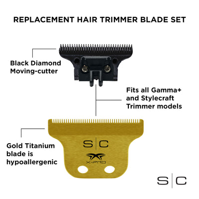 Replacement Fixed Gold Titanium X-Pro Hair Trimmer Blade with Black Diamond Carbon DLC Deep Tooth Cu