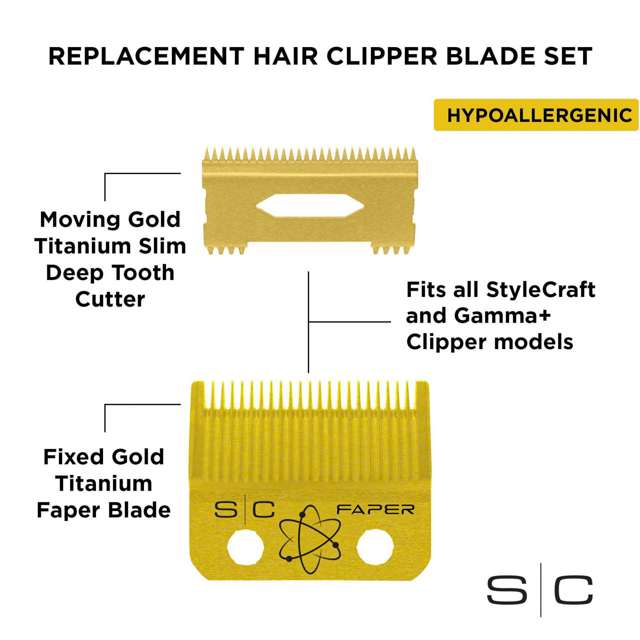 Replacement Fixed Gold Titanium Faper Hair Clipper Blade with Moving Slim Deep Cutter Set