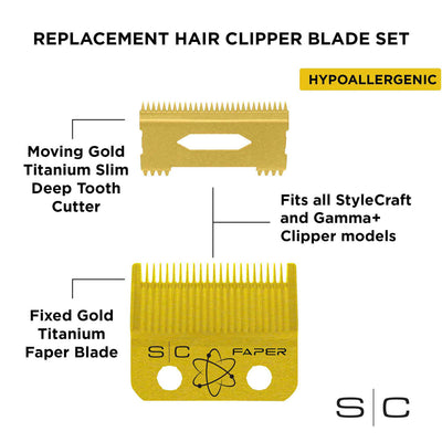 Replacement Fixed Gold Titanium Faper Hair Clipper Blade with Moving Slim Deep Cutter Set